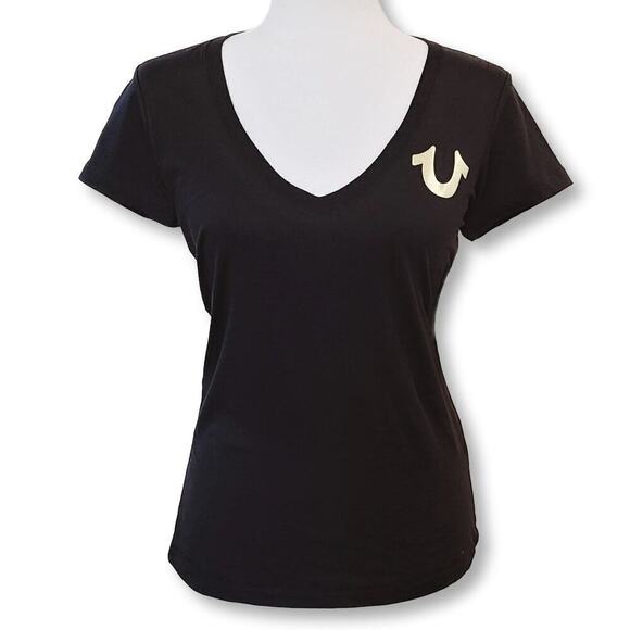 NWT True Religion Womens Gold Metallic Buddha  Logo Graphic Print Cotton T-Shirt - Picture 3 of 5